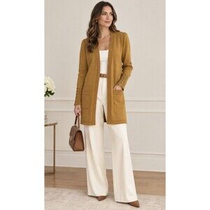 Appleseed's Petite PS Mustard Yellow Open Front Cardigan Sweater Pockets EUC